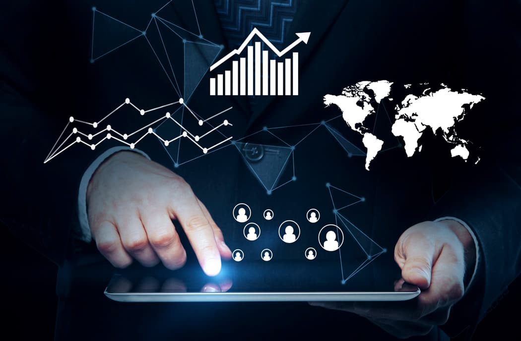 Someone holding a tablet, with icons representing connectivity and technology.